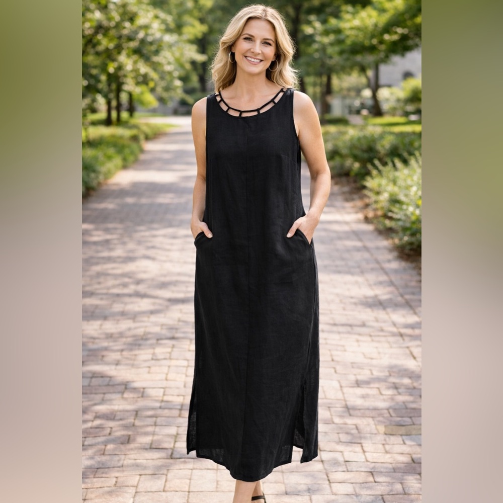 Coldwater Creek Linen Blend Sleeveless Shift Maxi Dress Womens XL Black USA Made